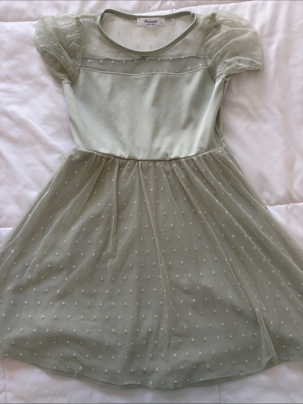 Girls' Sage Green Dot Mesh Party Dress